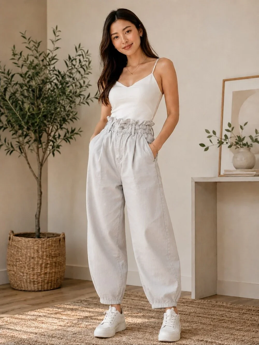 ZARA IVORY PAPERBAG BARREL  Elastic-Waist Casual Pants